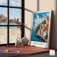 Amalfi Coast poster in a modern frame, showcasing pastel colors and coastal scenery, perfect for home decor.