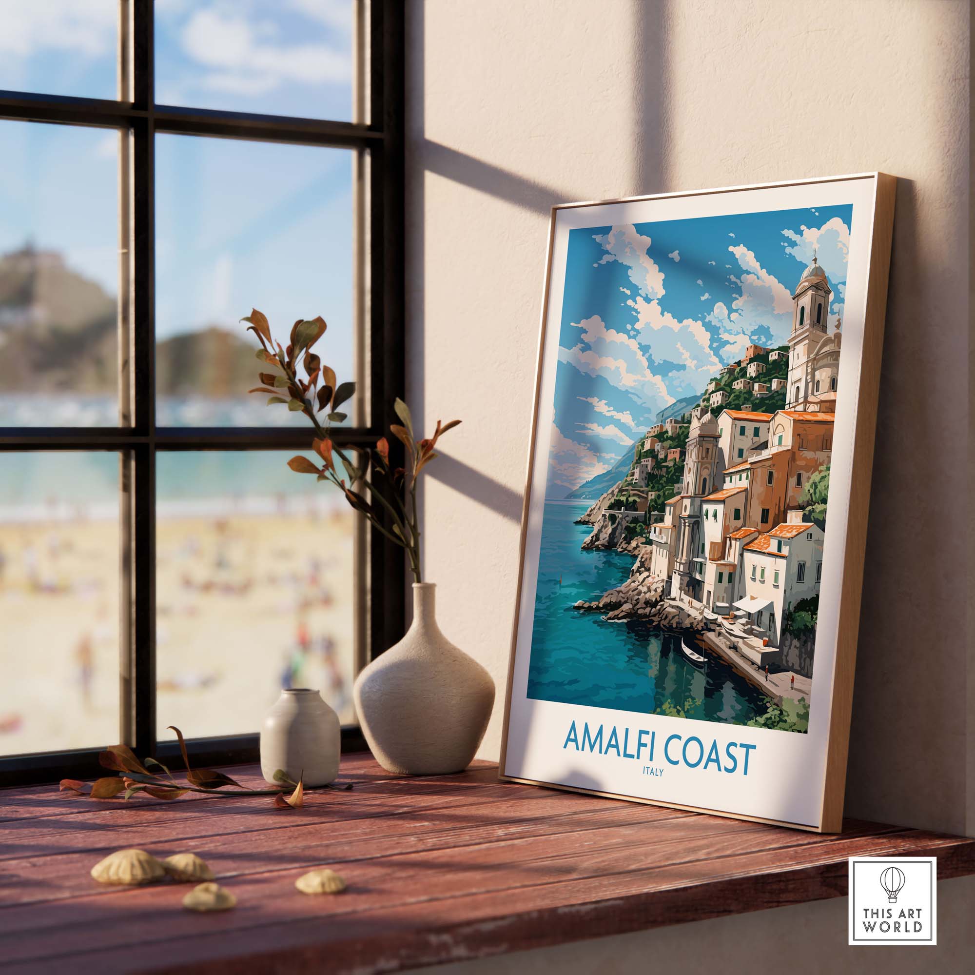 Amalfi Coast poster in a modern frame, showcasing pastel colors and coastal scenery, perfect for home decor.