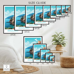Size guide for Amalfi Coast wall art prints in various dimensions, displayed in a cozy living space.