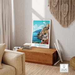Amalfi Coast wall art print showcasing vibrant pastel colors in a modern living space decor