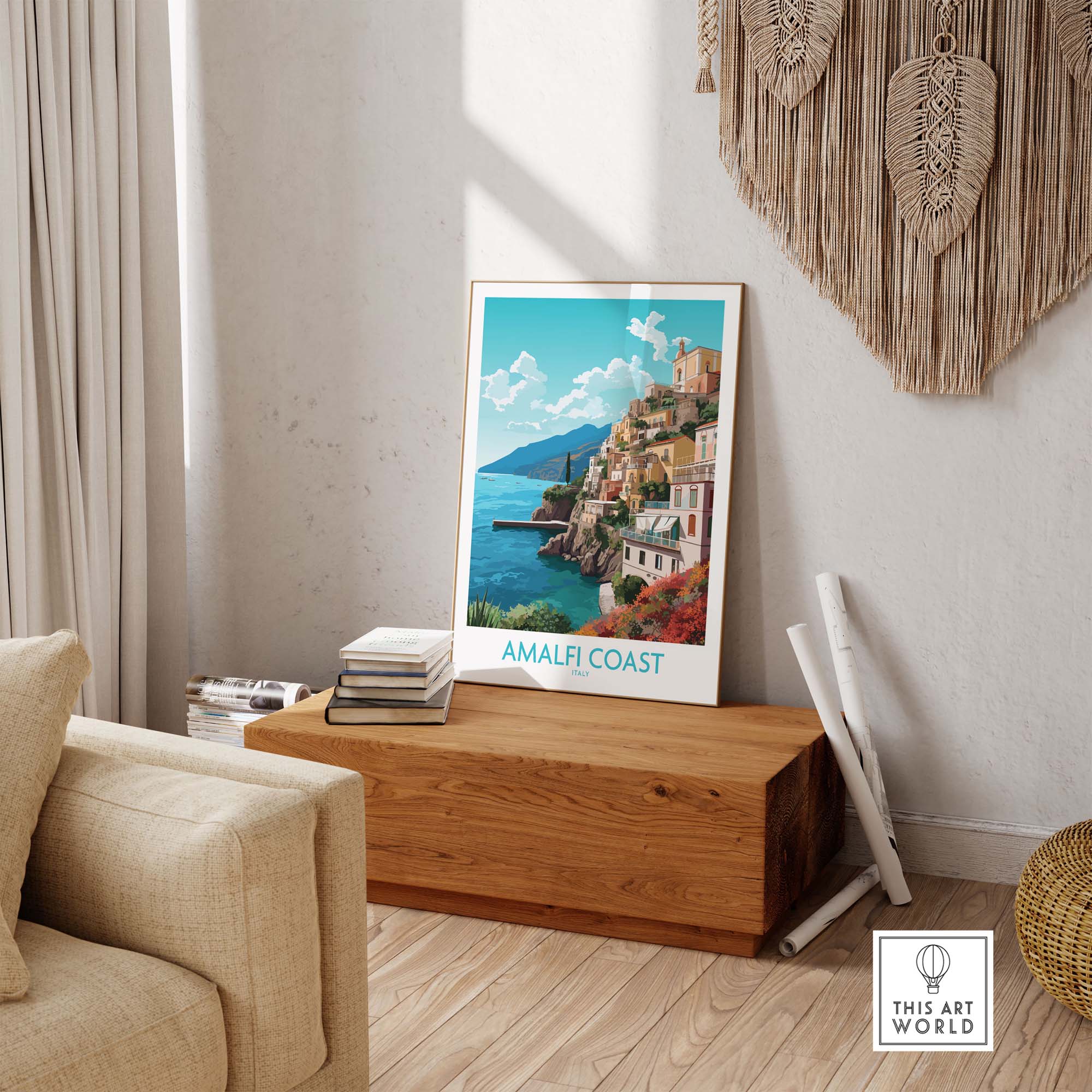 Amalfi Coast wall art print showcasing vibrant pastel colors in a modern living space decor