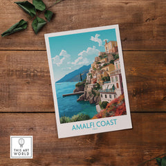 Amalfi Coast wall art print featuring pastel colors and scenic views of the Italian Riviera, perfect for modern home decor.