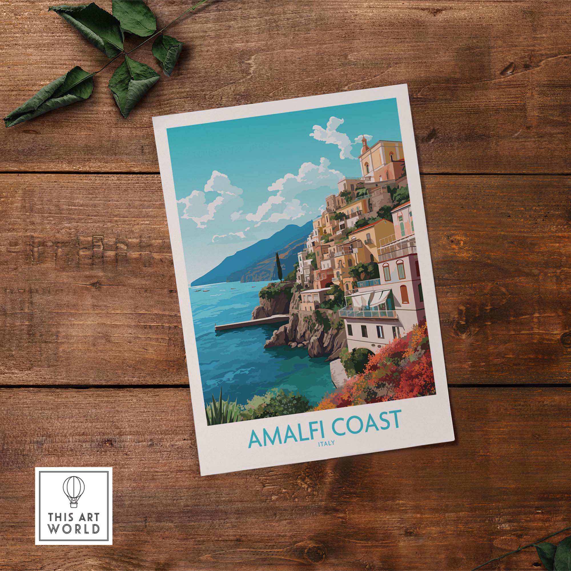 Amalfi Coast wall art print featuring pastel colors and scenic views of the Italian Riviera, perfect for modern home decor.