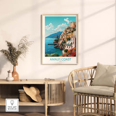 Amalfi Coast wall art featuring pastel colors, modern style travel poster in a stylish living room setting.