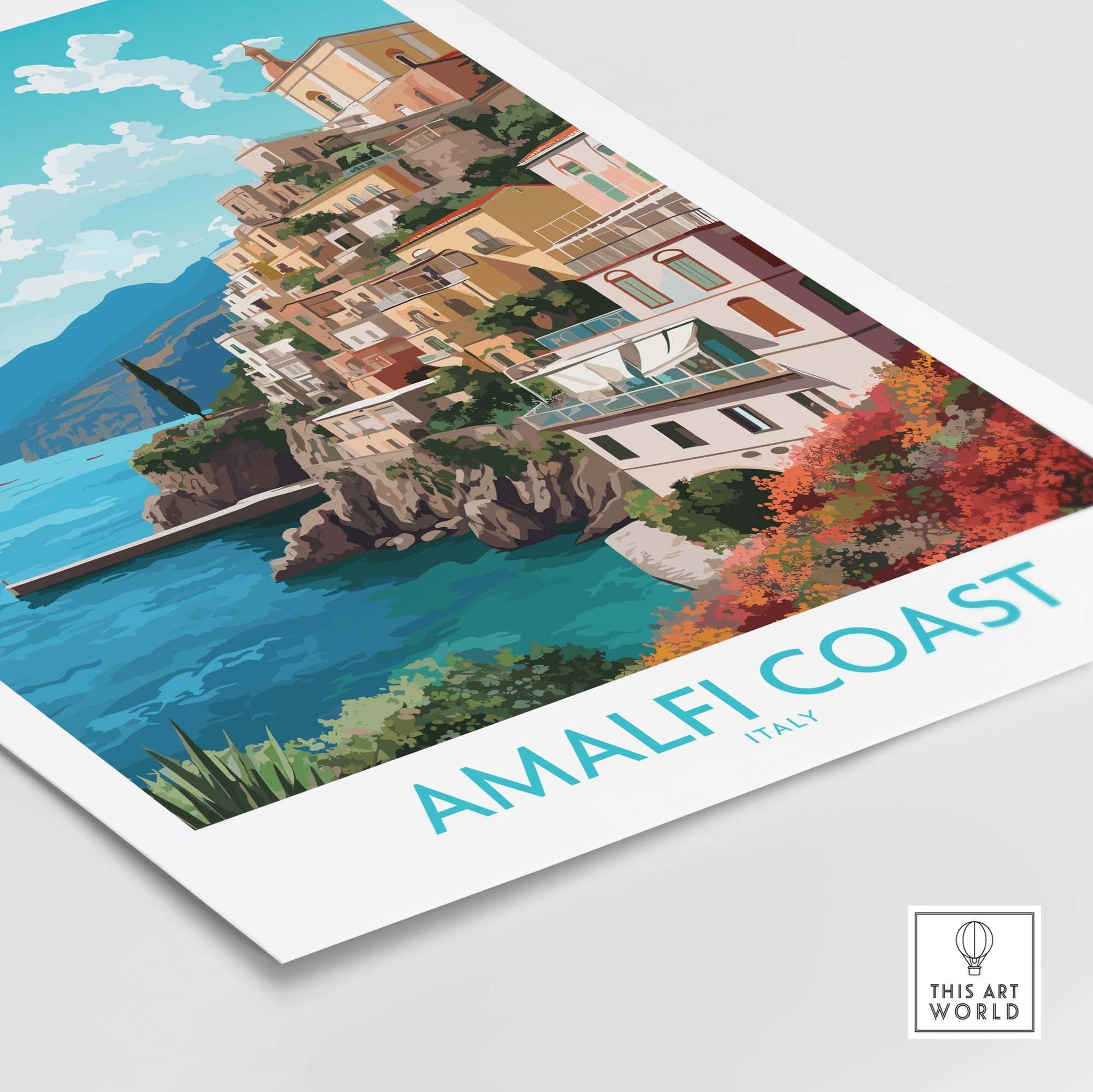 Amalfi Coast wall art print featuring colorful coastal scenery and modern design, perfect for home decor.