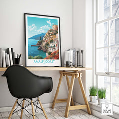Amalfi Coast wall art print in modern home office with stylish chair and bright window.