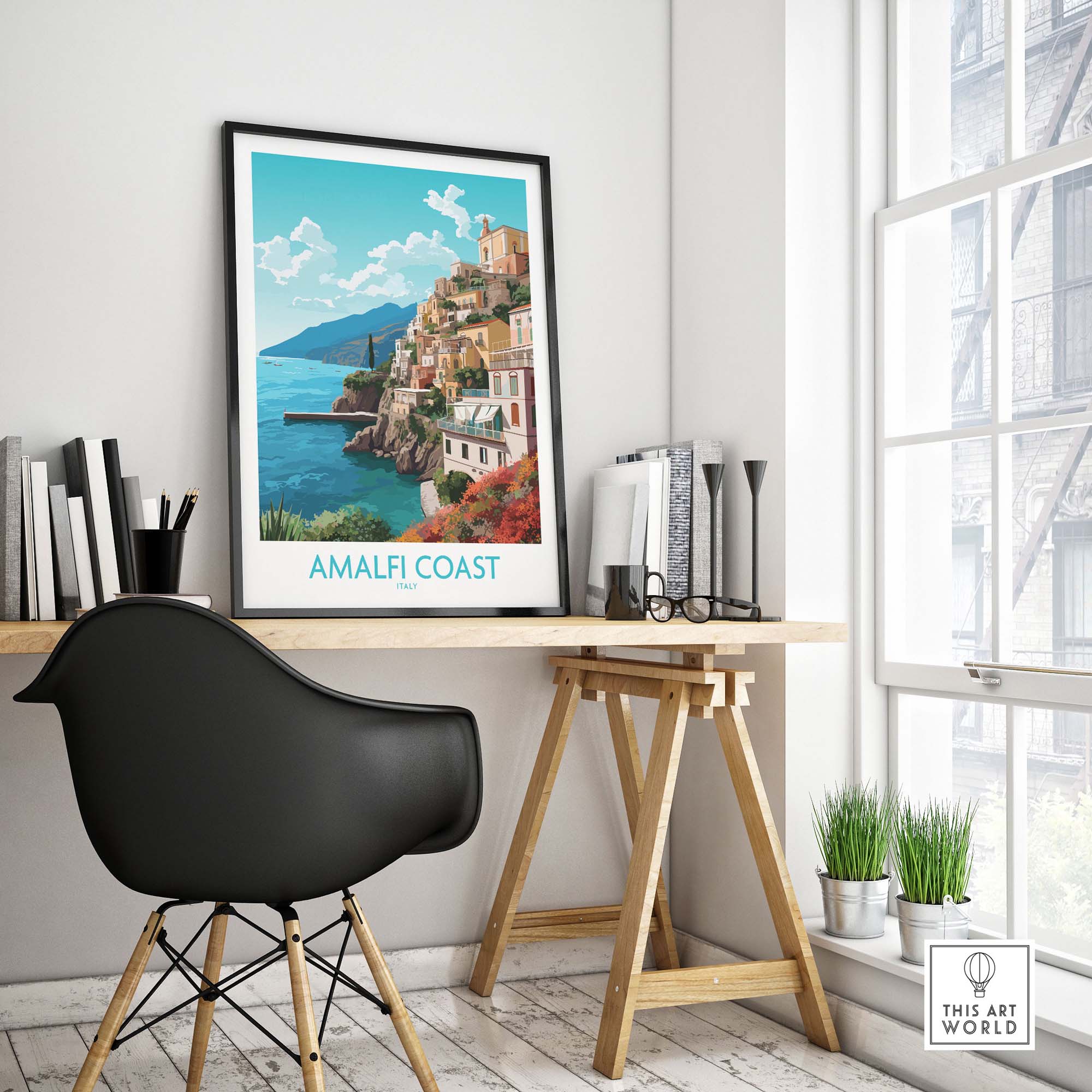 Amalfi Coast wall art print in modern home office with stylish chair and bright window.
