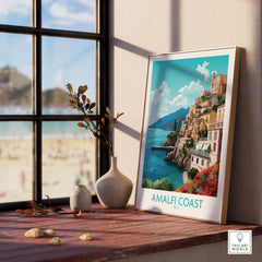 Amalfi Coast wall art print featuring vibrant pastel colors and stunning coastal scenery in a modern interior setting.