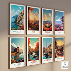 Amalfi Coast Wall Art and travel posters featuring iconic cities in vibrant colors and modern design.