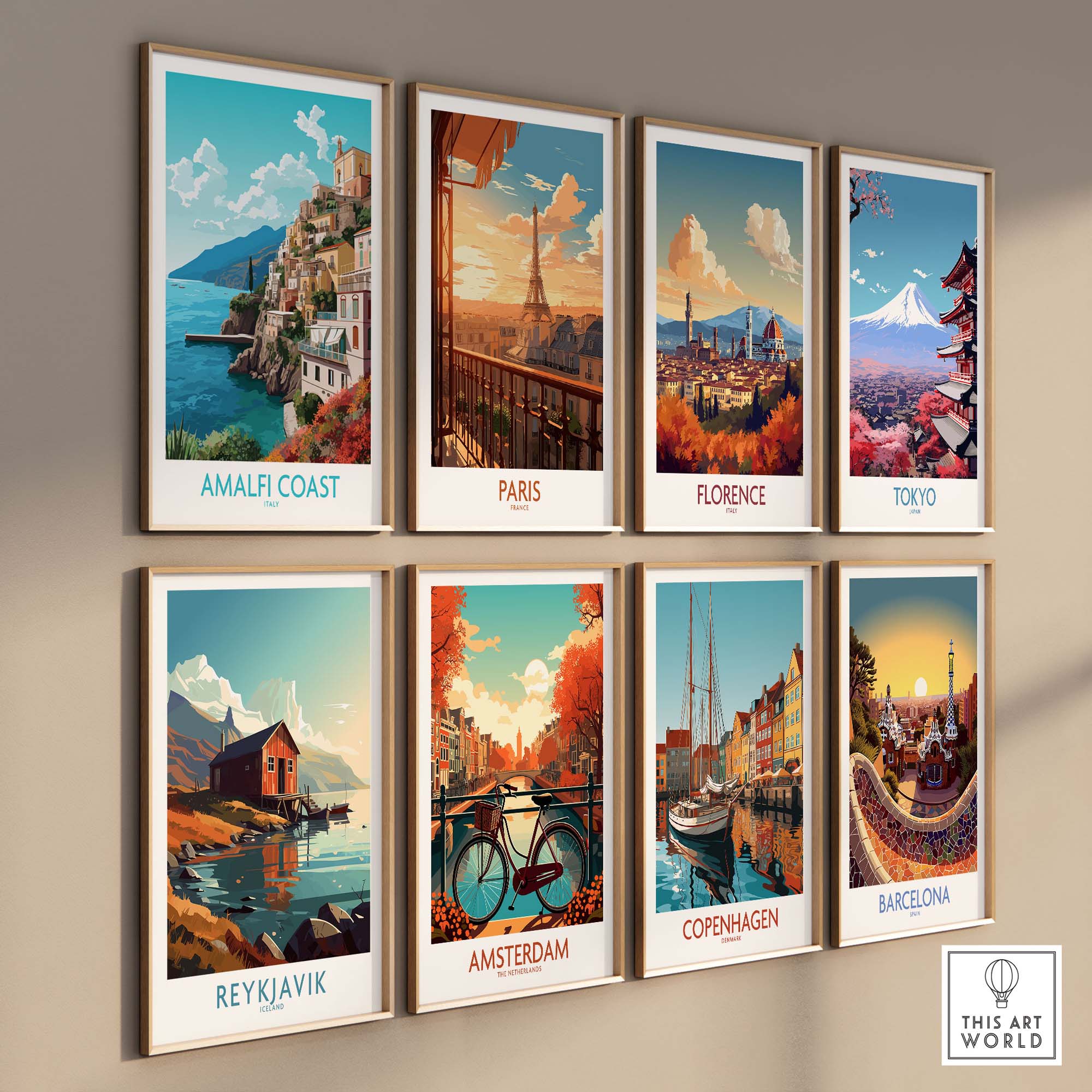 Amalfi Coast Wall Art and travel posters featuring iconic cities in vibrant colors and modern design.