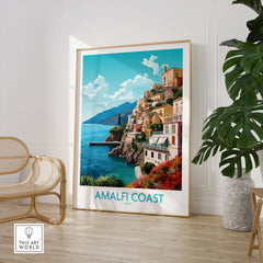 Amalfi Coast wall art print featuring colorful scenery and a modern style, perfect for home decor.