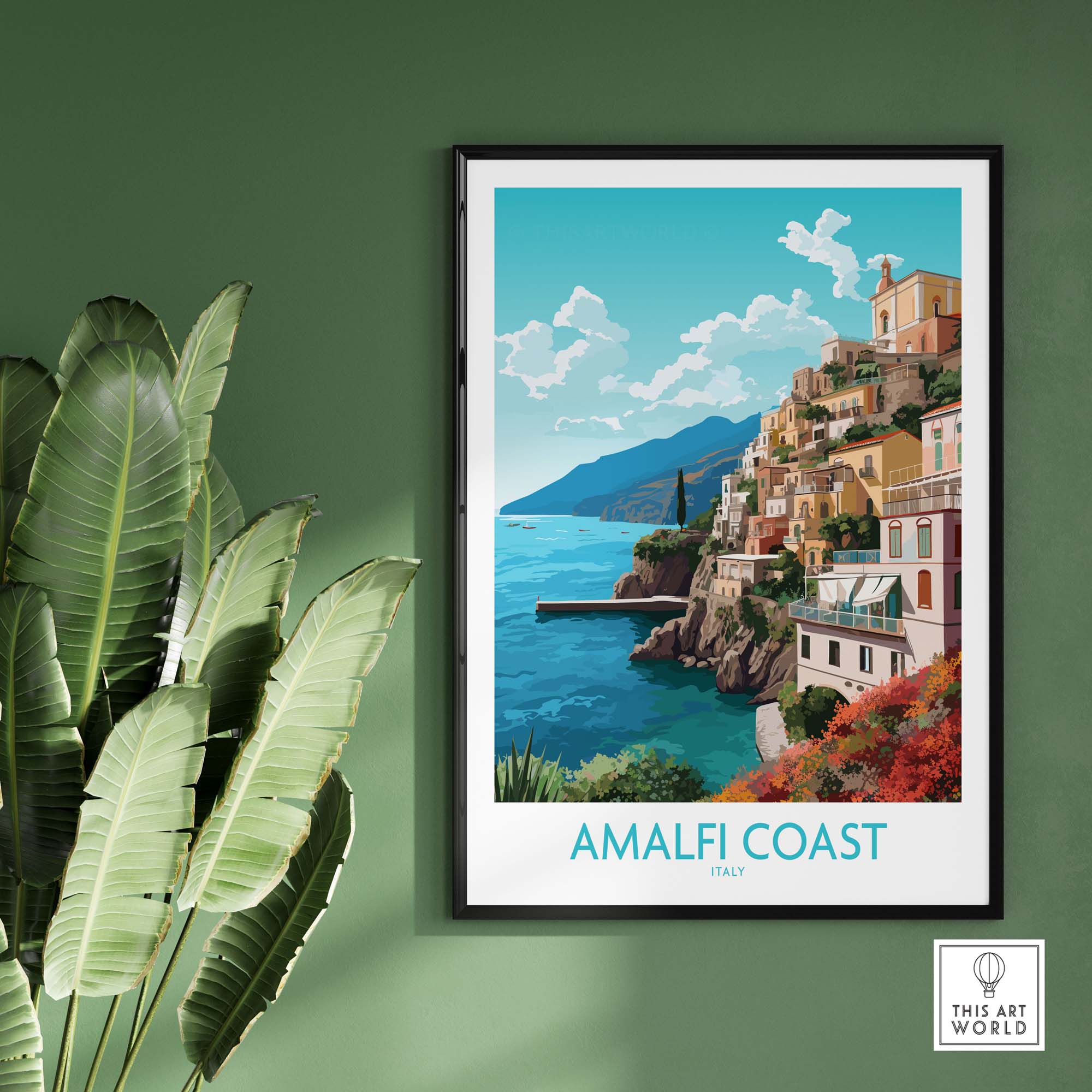 Amalfi Coast wall art print showcasing vibrant colors and scenic views of the Italian Riviera in a modern style.