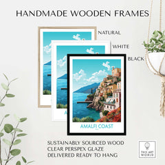 Handmade wooden frames for Amalfi Coast wall art in natural, white, and black styles, ready to hang.