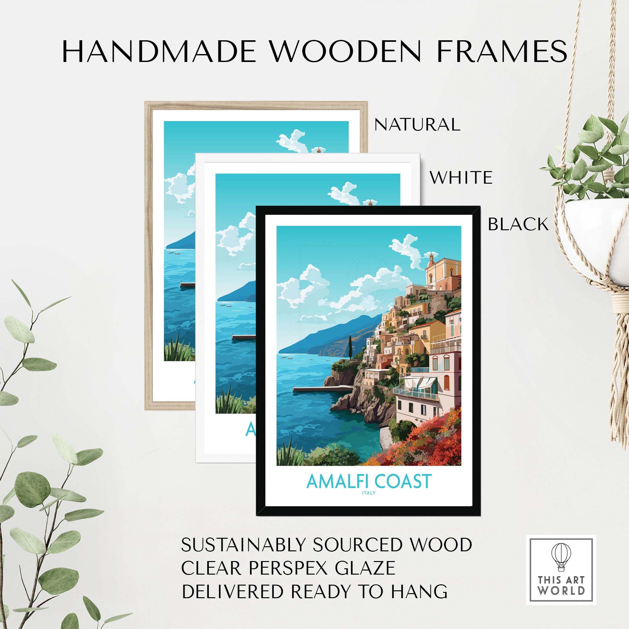 Handmade wooden frames for Amalfi Coast wall art in natural, white, and black styles, ready to hang.