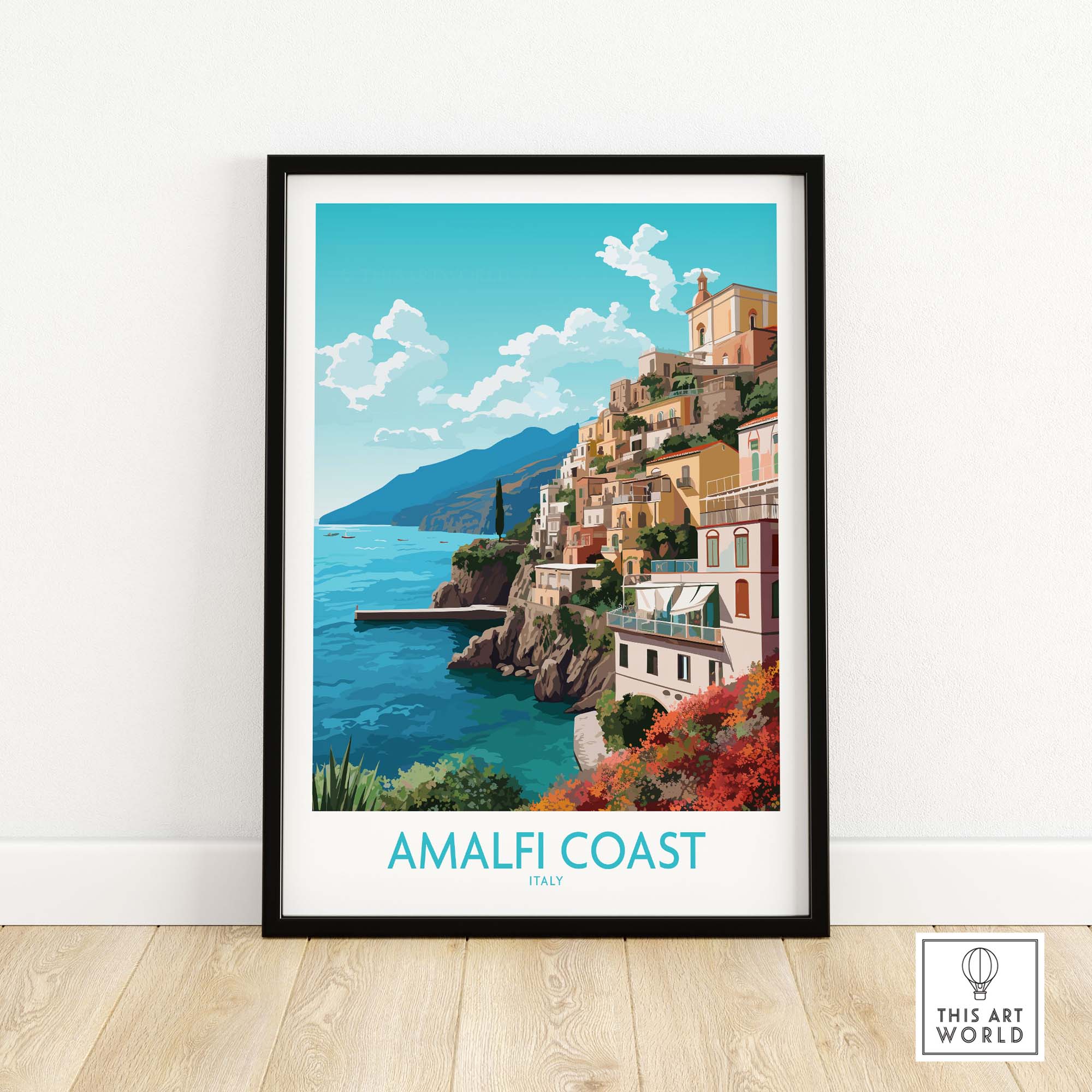 Amalfi Coast wall art print featuring scenic pastel colors and picturesque Italian architecture.