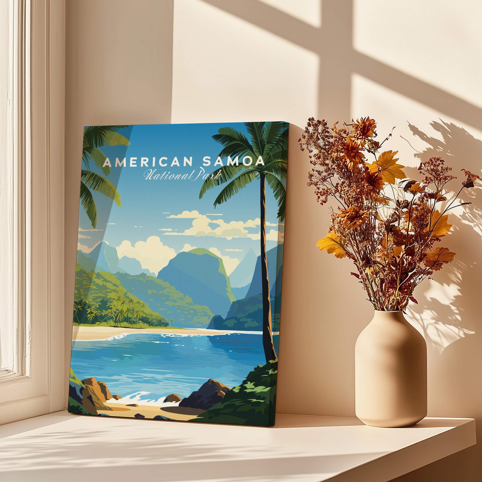 American Samoa National Park travel poster canvas with tropical landscape by a window and vase