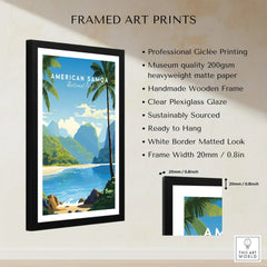 Framed American Samoa travel poster print with tropical landscape, wooden frame, and art print details.