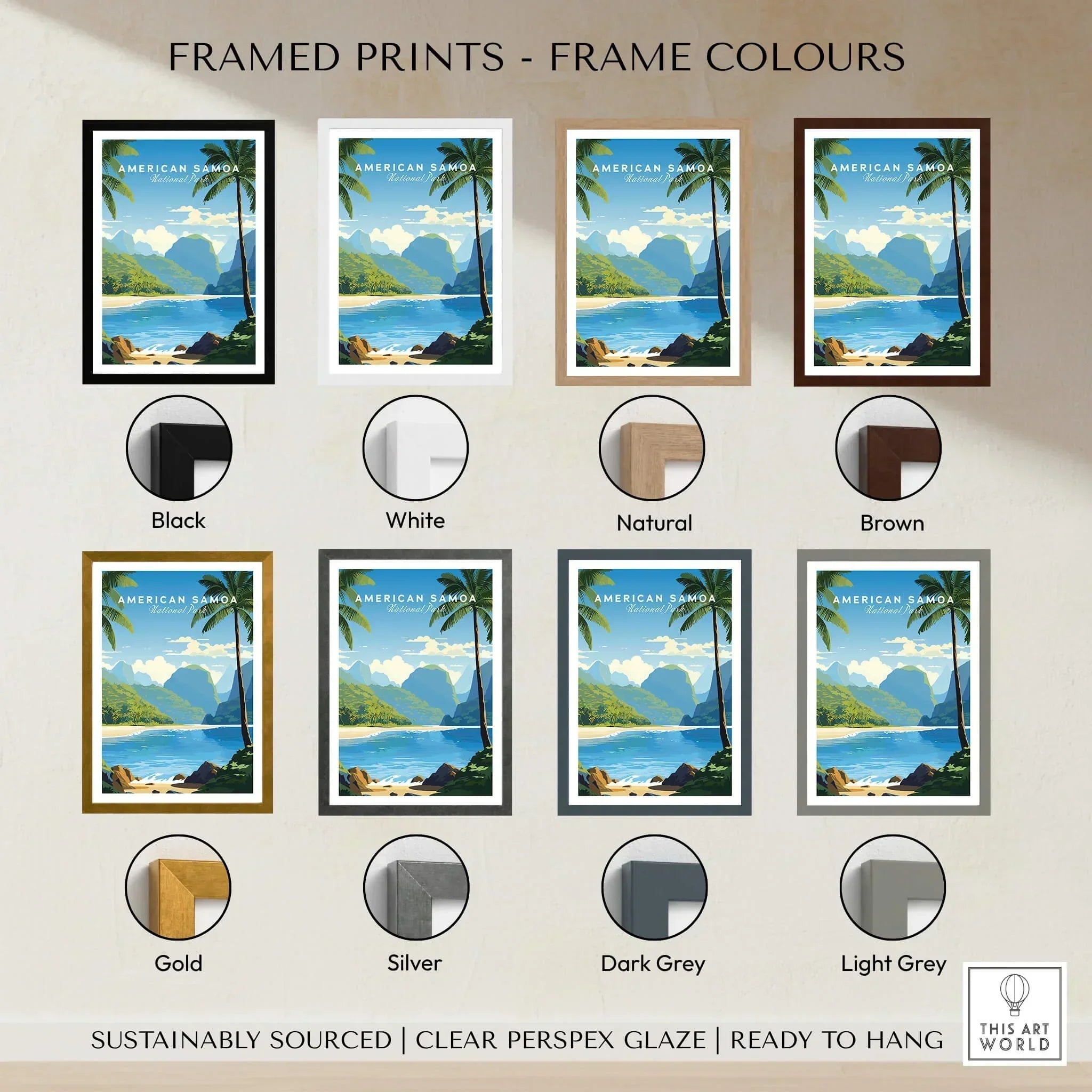 American Samoa travel poster in tropical beach print with eight frame color options