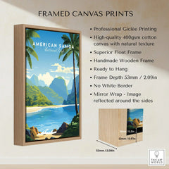 Framed canvas print of American Samoa National Park with tropical beach, mountains, float frame details.