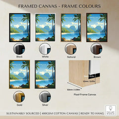 American Samoa travel poster wall art in framed canvas with black, white, natural, brown, gold, and silver frame color options.