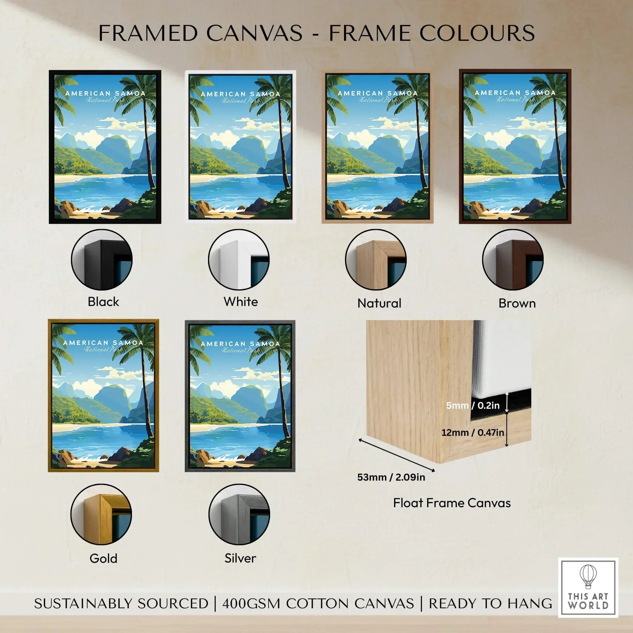 American Samoa travel poster wall art in framed canvas with black, white, natural, brown, gold, and silver frame color options.