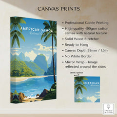 American Samoa National Park canvas print with tropical landscape, palm trees, and beach.