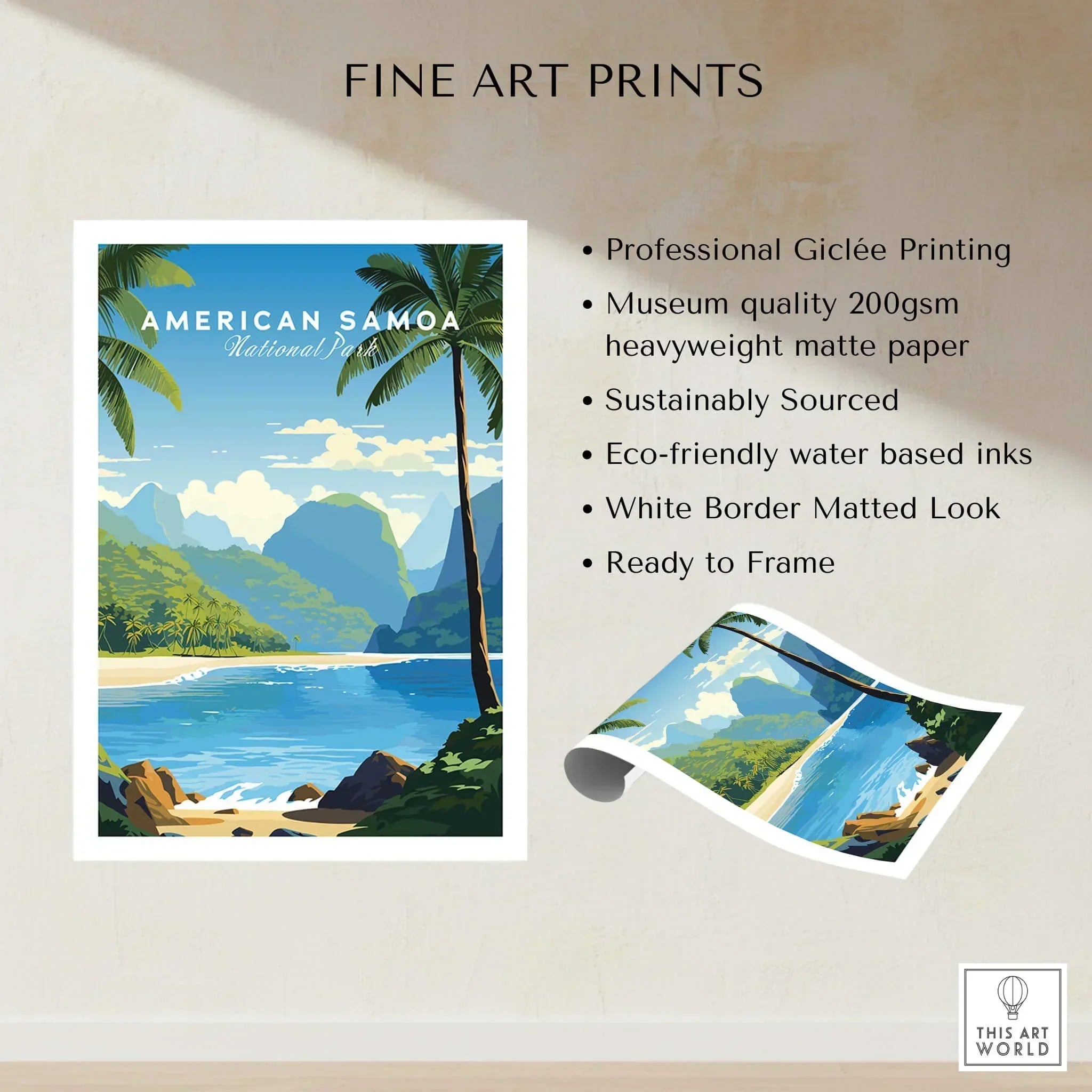 American Samoa National Park art print with palm trees, beach, and ocean, fine art poster.
