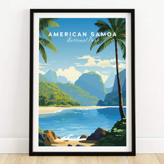 American Samoa National Park art print in black frame, tropical beach and palm trees illustration