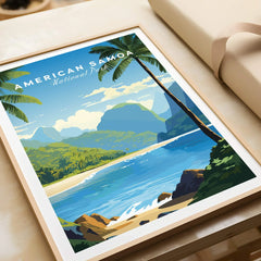 American Samoa National Park art print in natural wood frame, tropical beach and palm trees