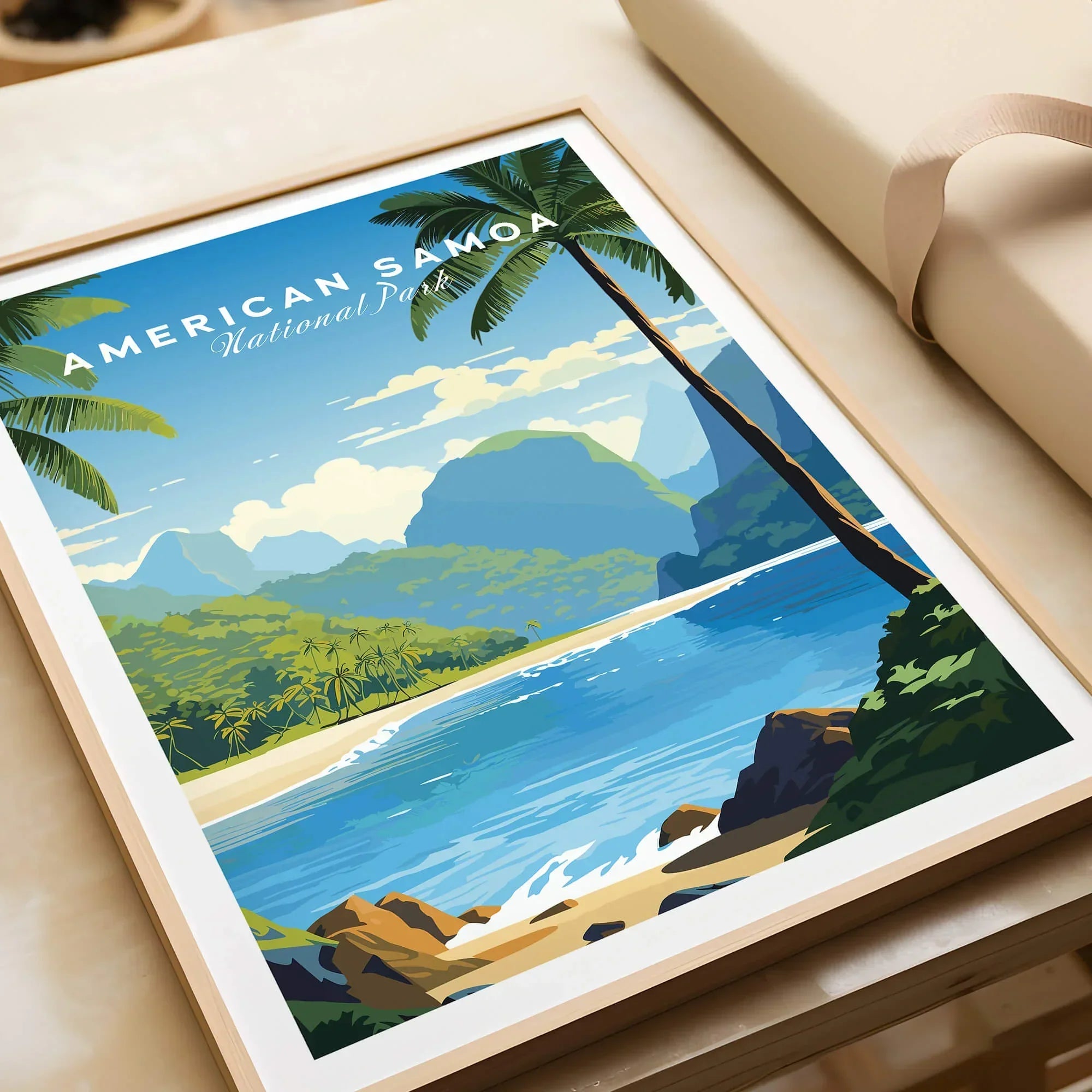 American Samoa National Park art print in natural wood frame, tropical beach and palm trees