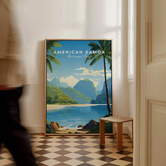 Framed American Samoa National Park travel poster on floor, tropical landscape art decor