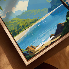 Closeup of a framed canvas travel poster print featuring a tropical beach with blue ocean, palm trees, and lush green mountains.