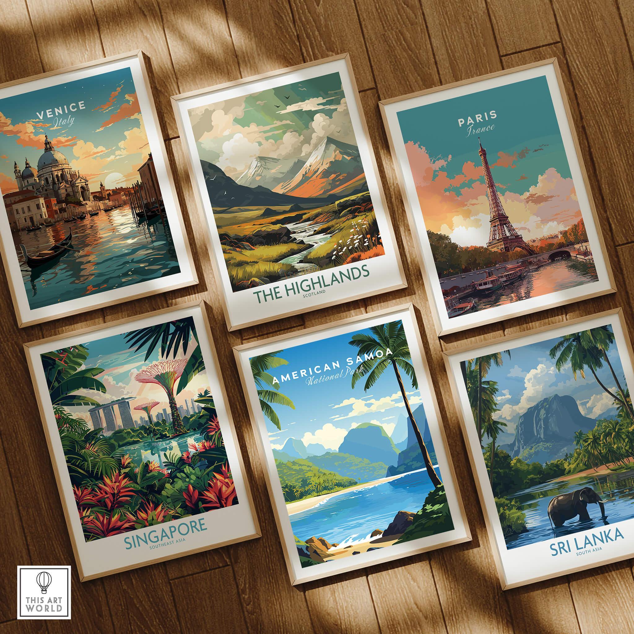 Set of six framed travel art prints featuring Venice, Paris, Highlands, Singapore, American Samoa, and Sri Lanka on a wooden floor.