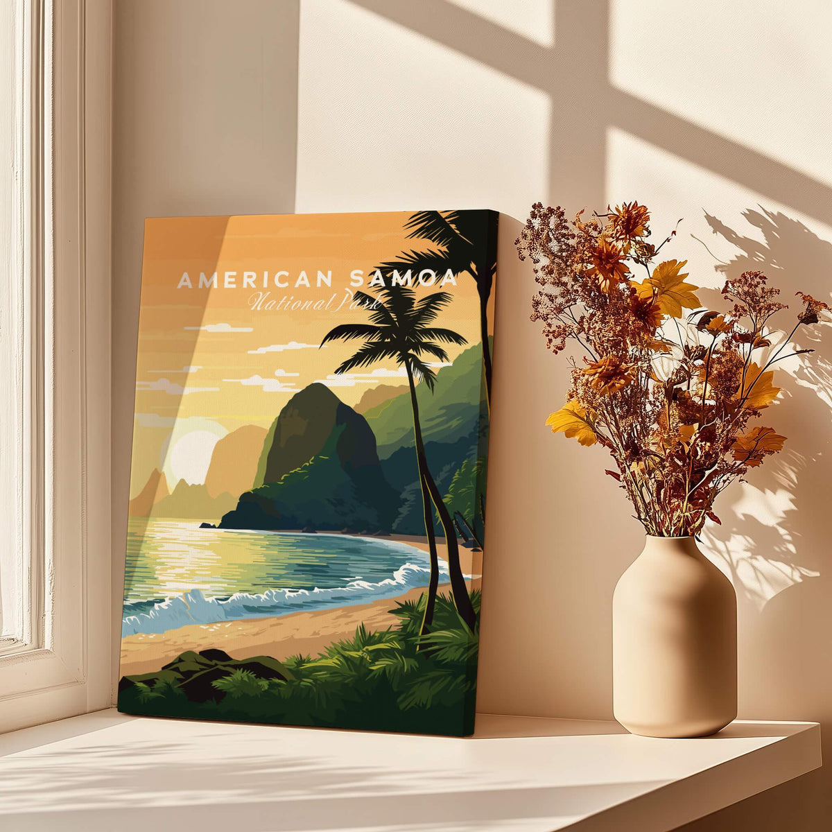 American Samoa National Park travel poster print with tropical beach, palm trees, and ocean in bright window setting, vase of dried flowers nearby.