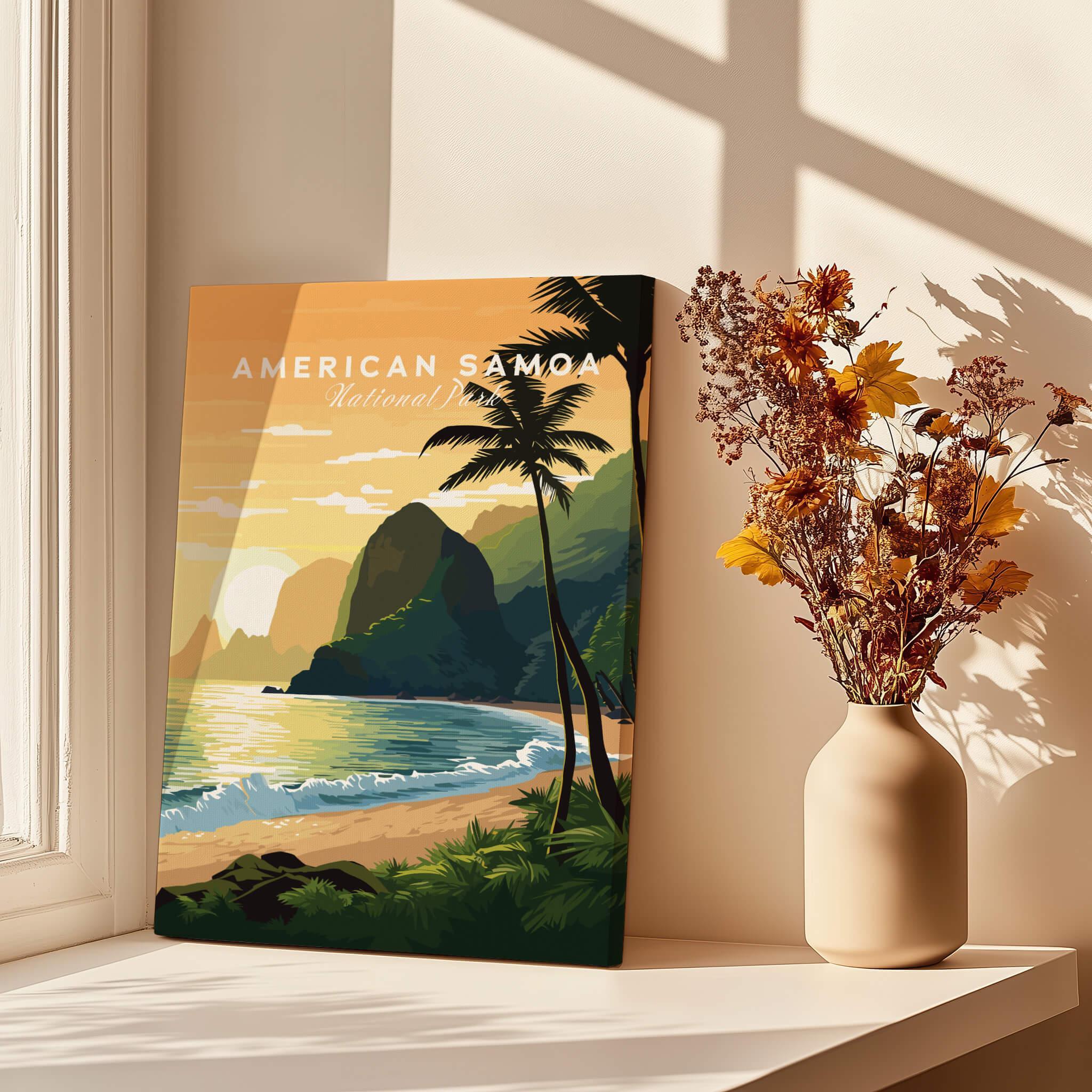 American Samoa National Park travel poster print with tropical beach, palm trees, and ocean in bright window setting, vase of dried flowers nearby.
