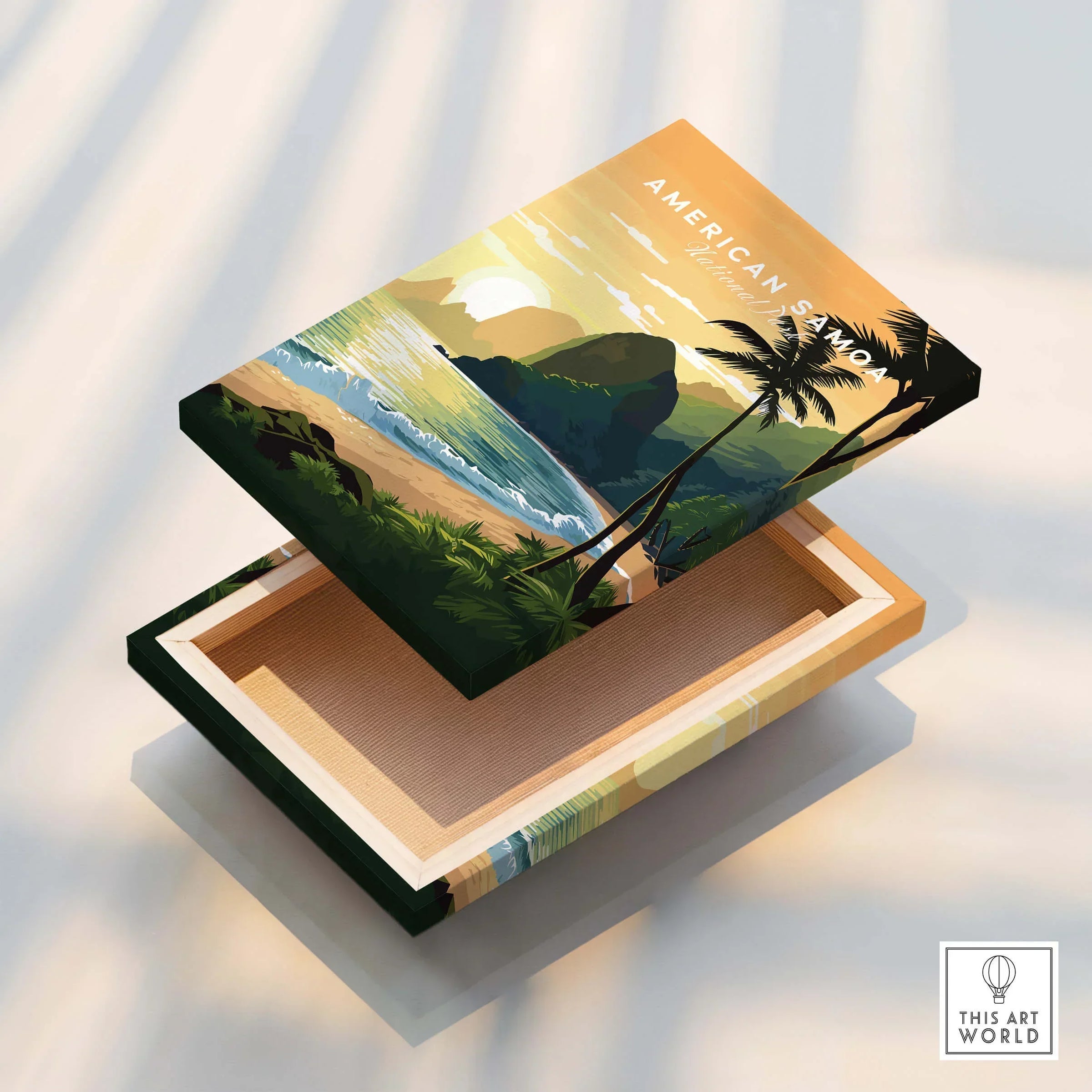American Samoa canvas print featuring tropical beach sunset, palm trees, and ocean view