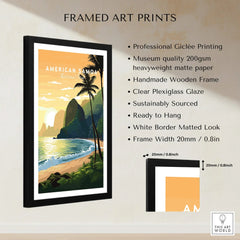 Framed American Samoa wall art print with tropical beach, palm trees, and sunset, museum quality.