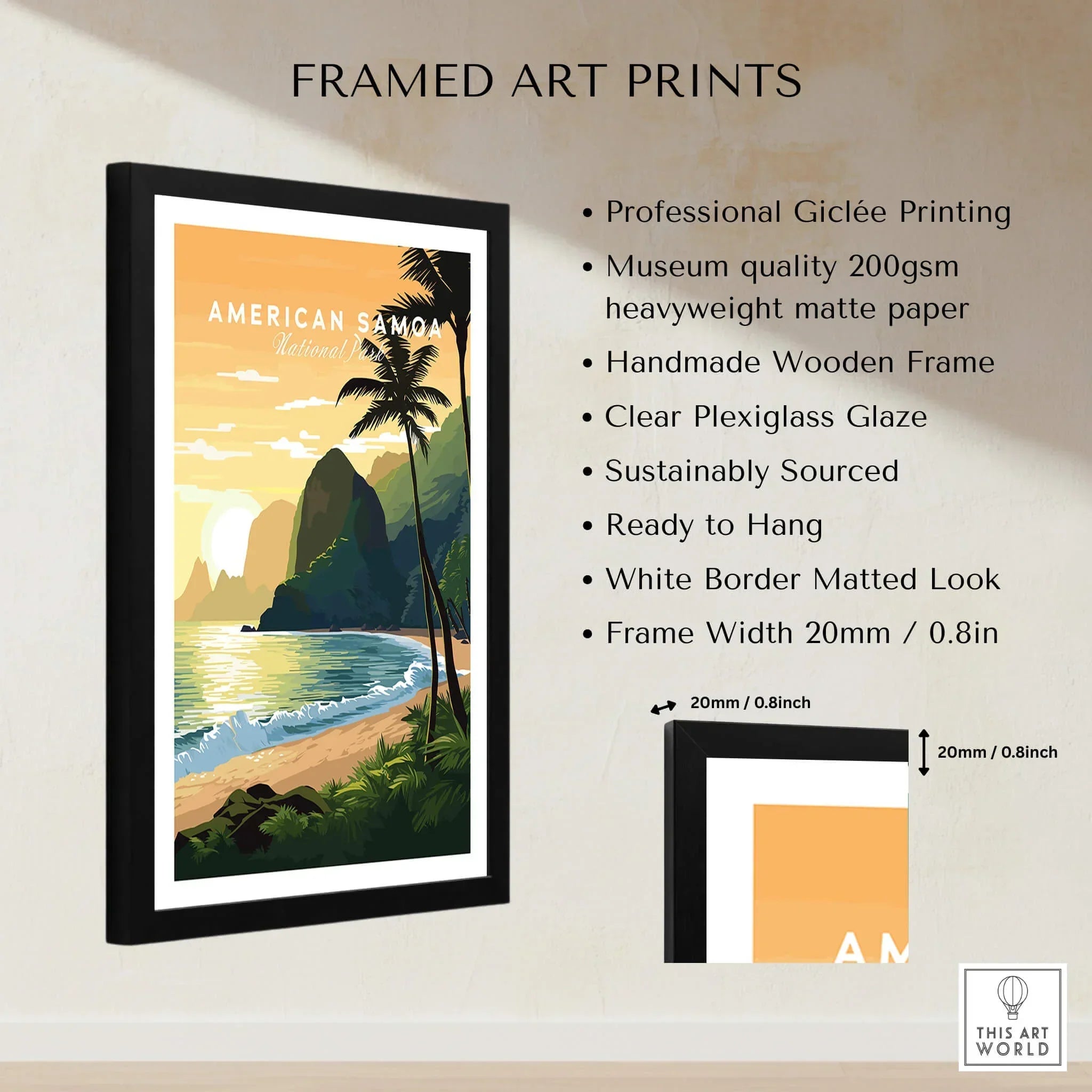 Framed American Samoa wall art print with tropical beach, palm trees, and sunset, museum quality.