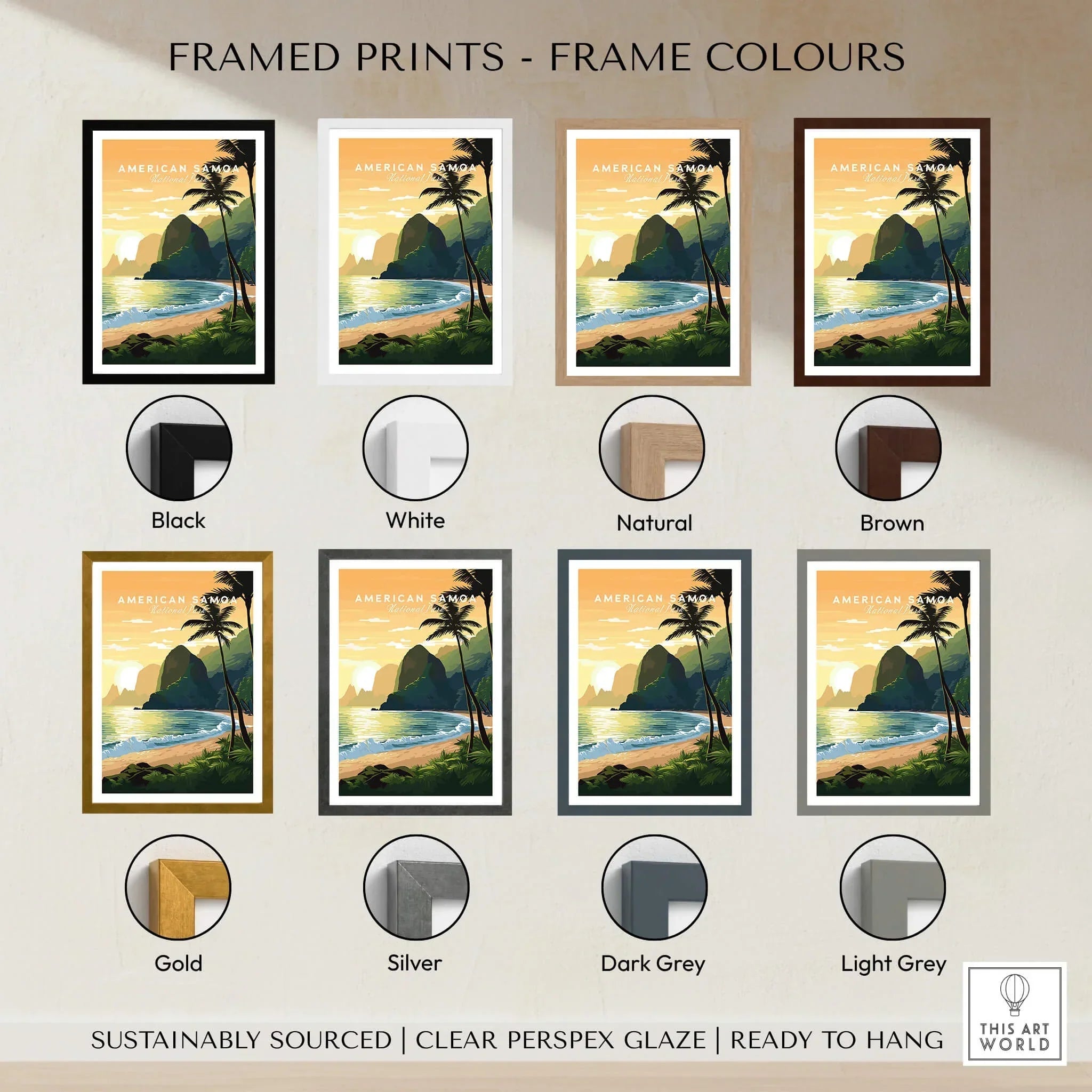 American Samoa travel poster wall art with tropical landscape in eight frame color options
