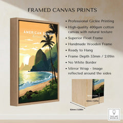 Framed canvas print of American Samoa National Park with tropical beach, mountains, and sunset.