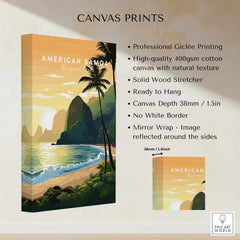 American Samoa National Park canvas wall art with sunset beach, palm trees, and mountains