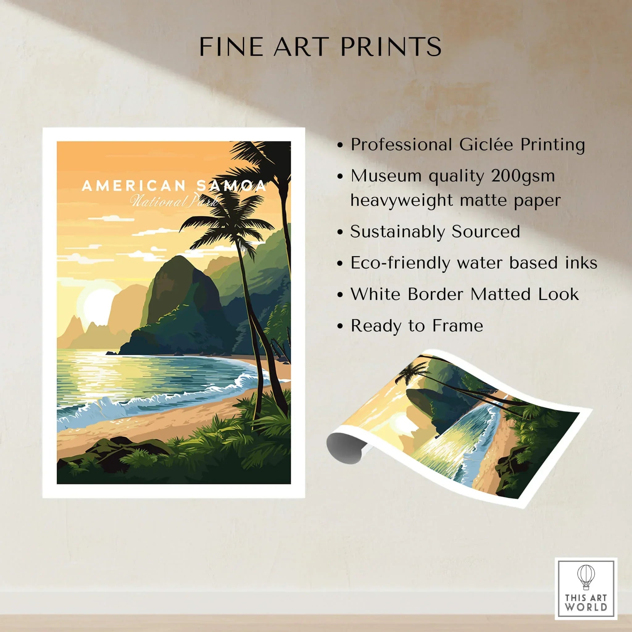 American Samoa National Park fine art print with tropical beach, palm trees, and ocean view.