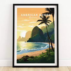 Framed American Samoa National Park travel poster with palm trees, beach, and ocean at sunset