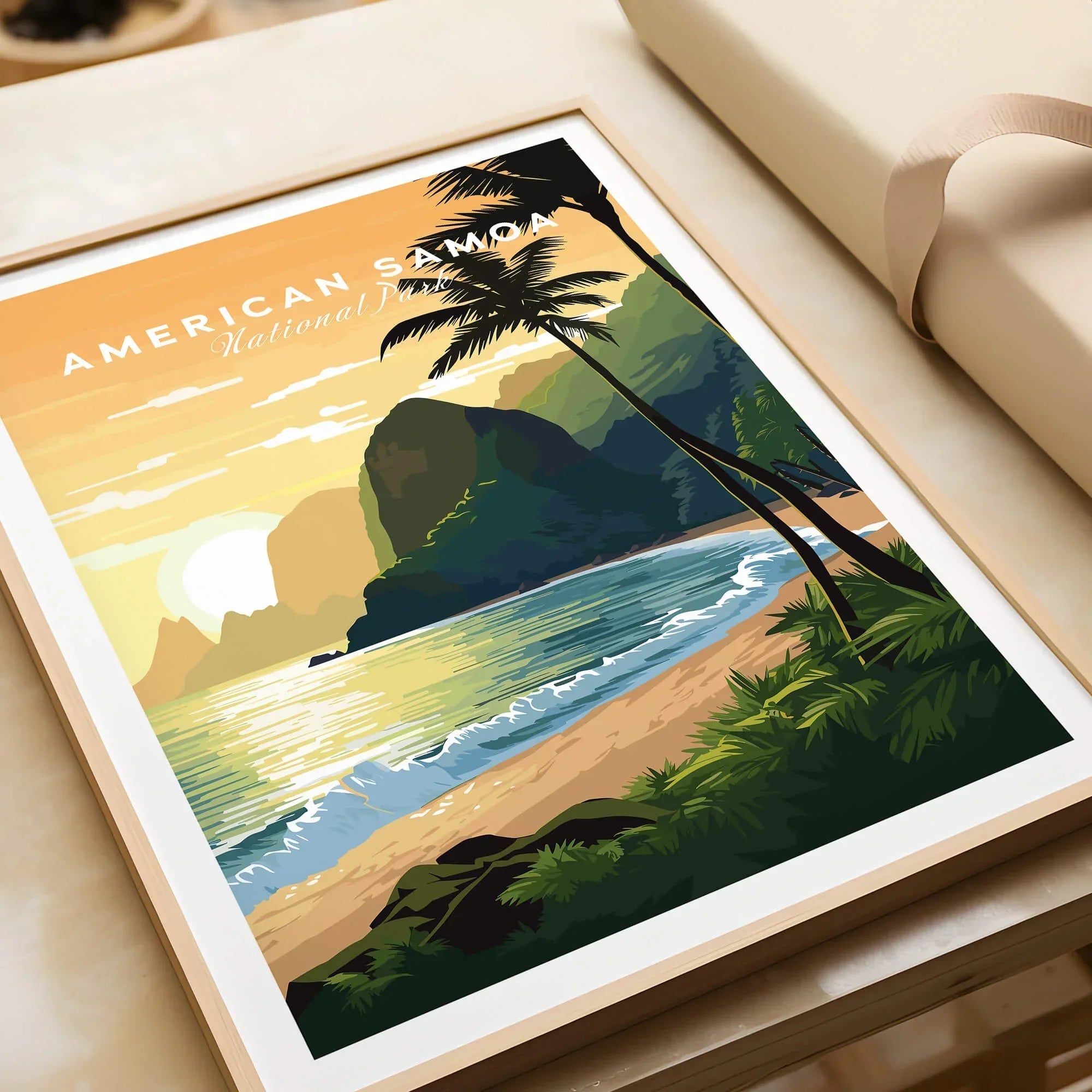 Framed American Samoa National Park wall art print featuring a tropical beach at sunset