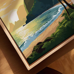 Closeup of tropical beach wall art with ocean waves, greenery, and natural wood frame.