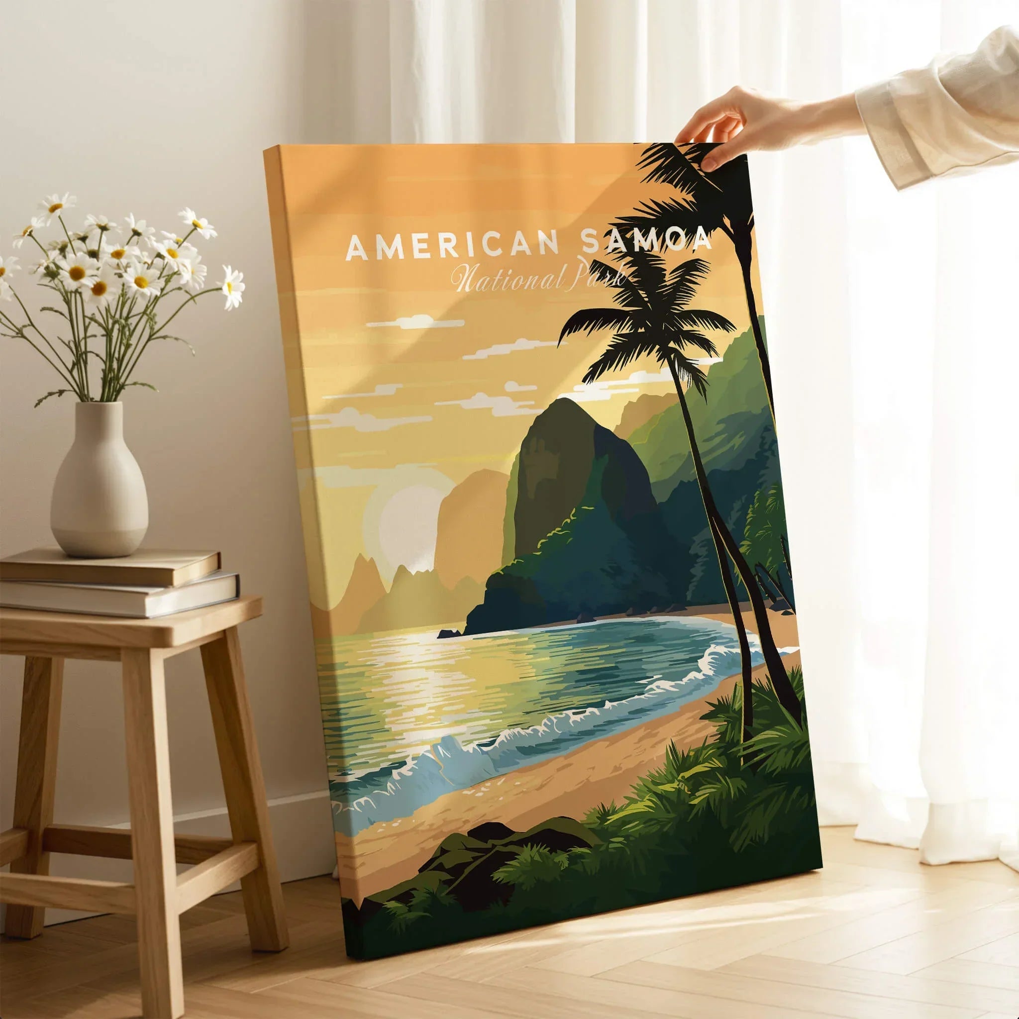 American Samoa National Park travel poster canvas print with tropical beach and palm trees in sunlit room