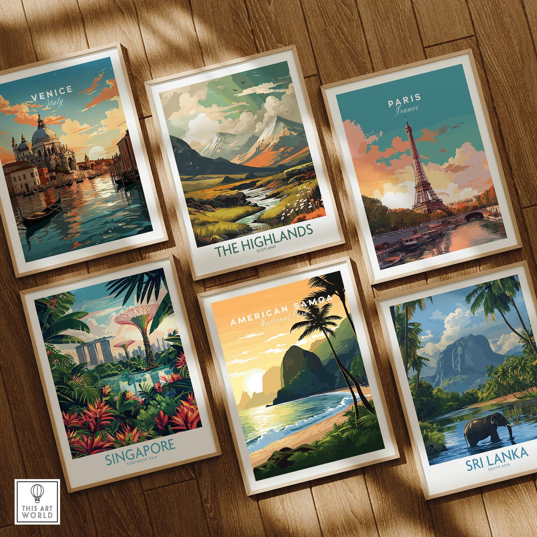 Set of six framed travel art prints featuring Venice, Paris, Singapore, Sri Lanka, Highlands, and American Samoa on a wooden floor.