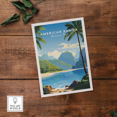 American Samoa National Park poster with tropical beach, palm trees, and mountains on wood table