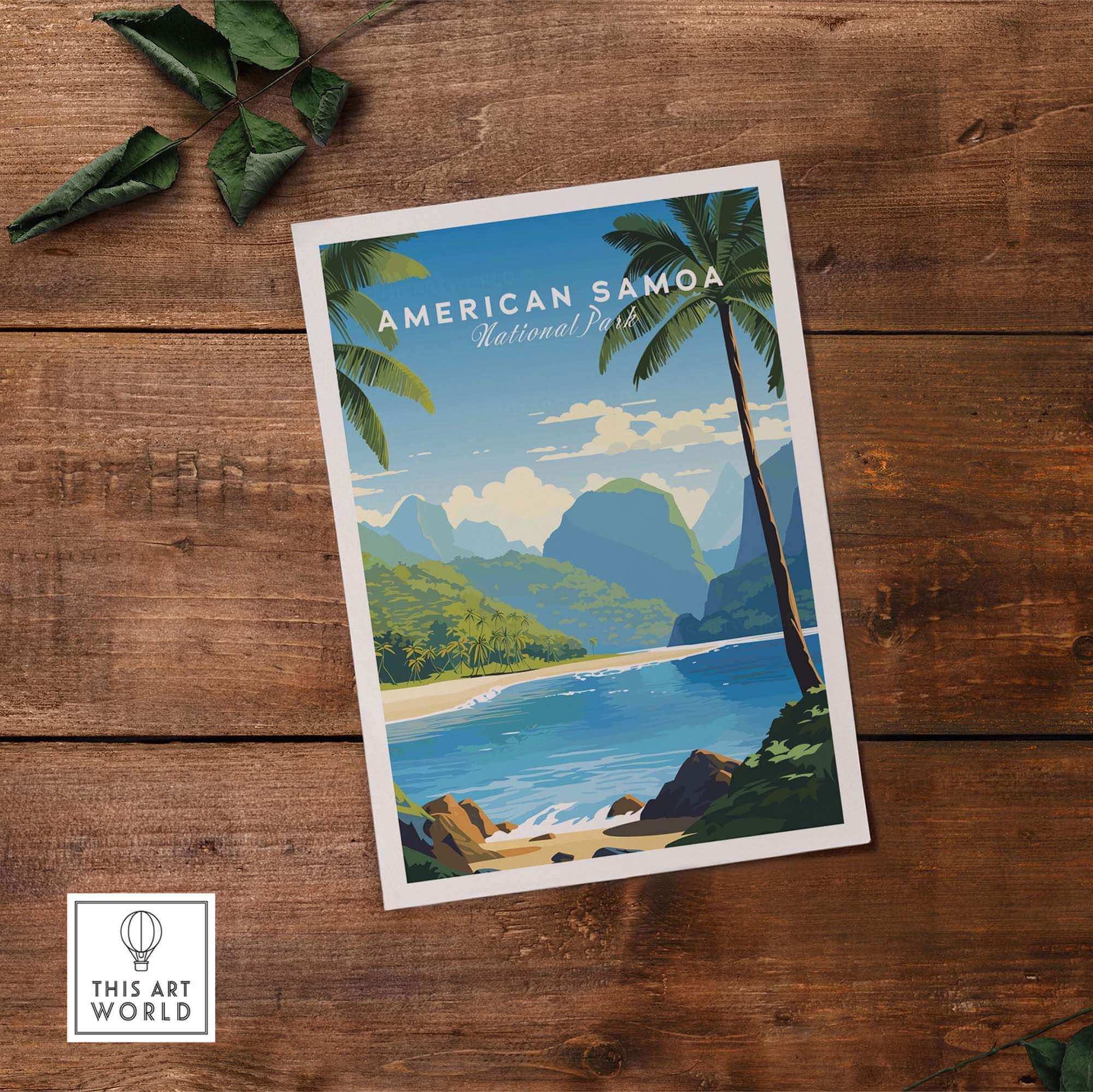 American Samoa National Park poster with tropical beach, palm trees, and mountains on wood table