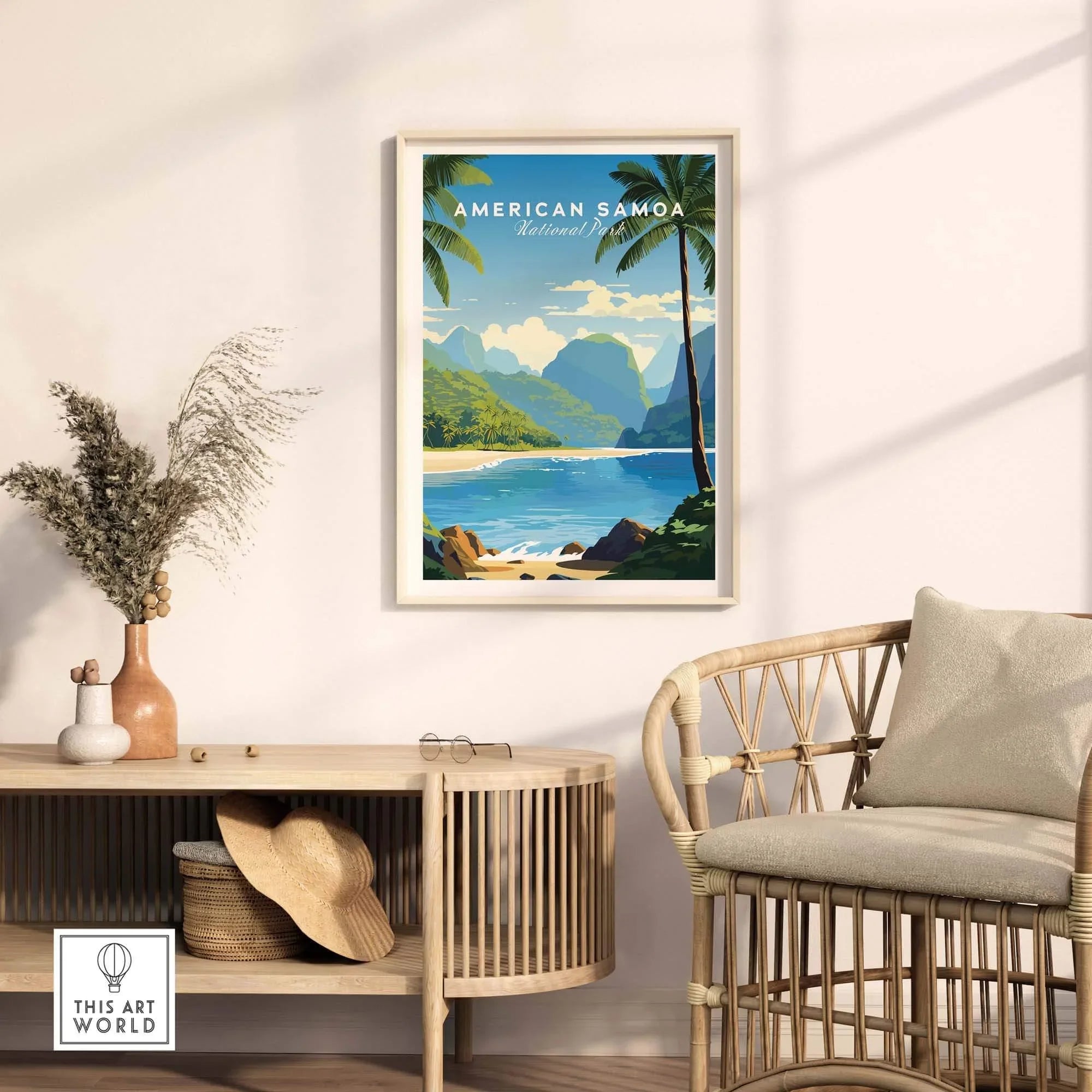 American Samoa National Park travel poster featuring tropical beach, palm trees, and mountains in a modern home decor setting.
